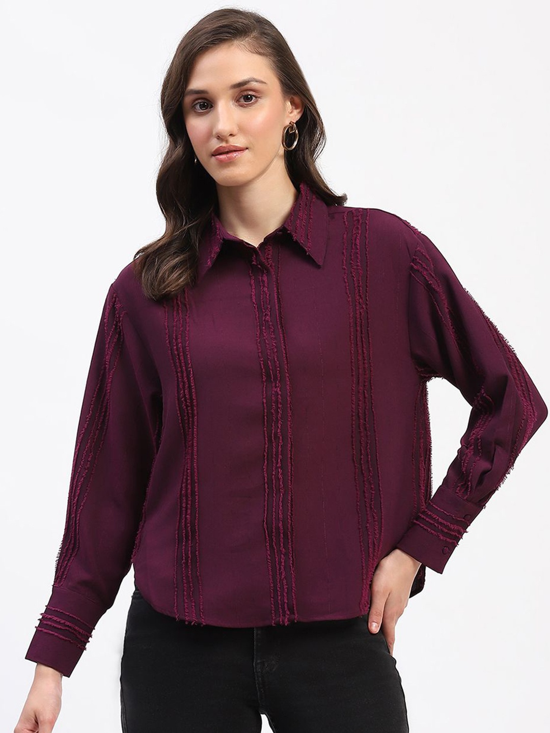 

Madame Women Spread Collar Solid Relaxed Fit Casual Shirt, Purple