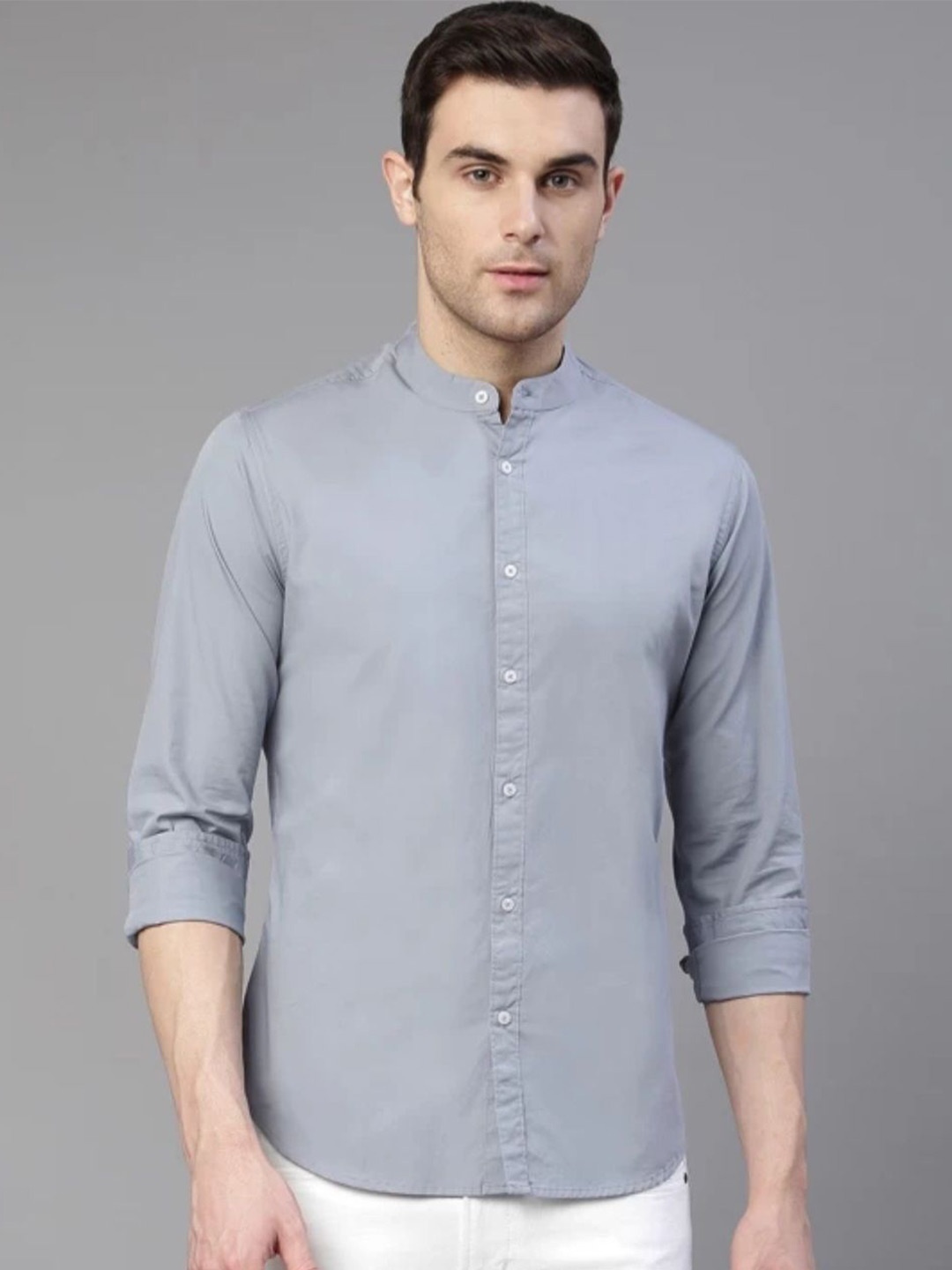 

AIA.FAB Men Comfort Mandarin Collar Solid Cotton Formal Shirt, Grey