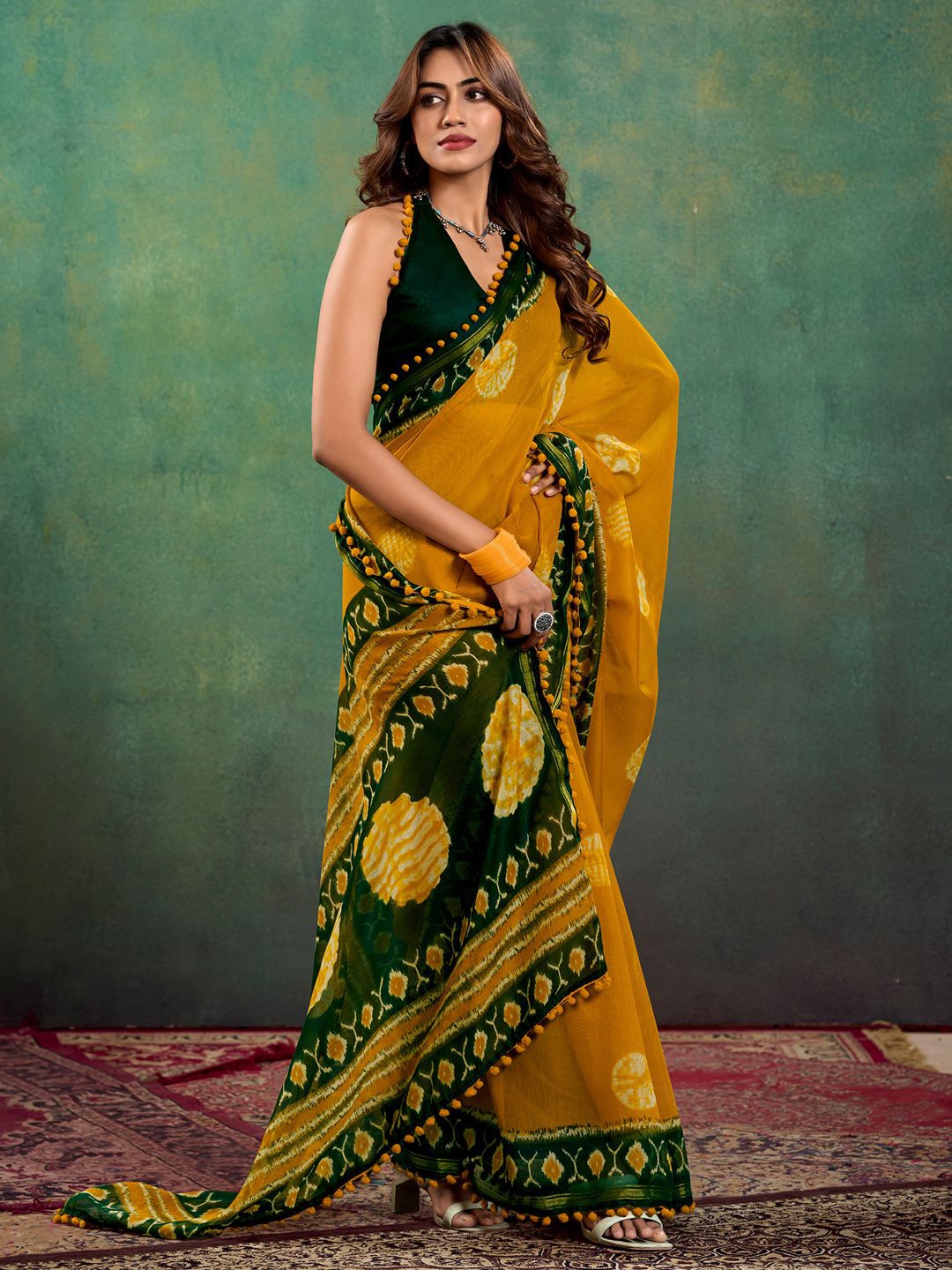 

Anouk Polka Dot Phulkari Bagh Saree with Matching Blouse, Mustard