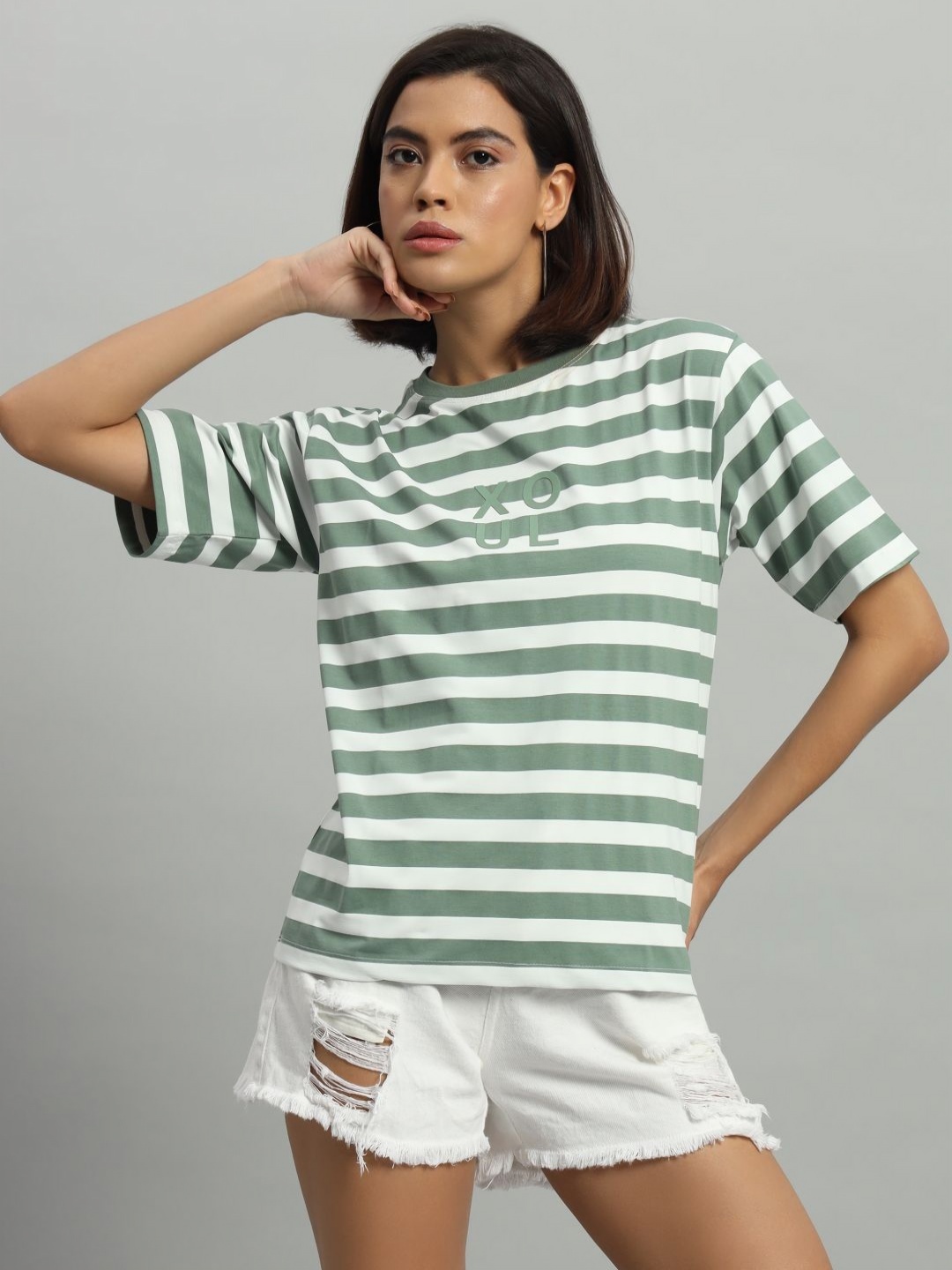 

AECK Women Striped Round Neck T-shirt, Green