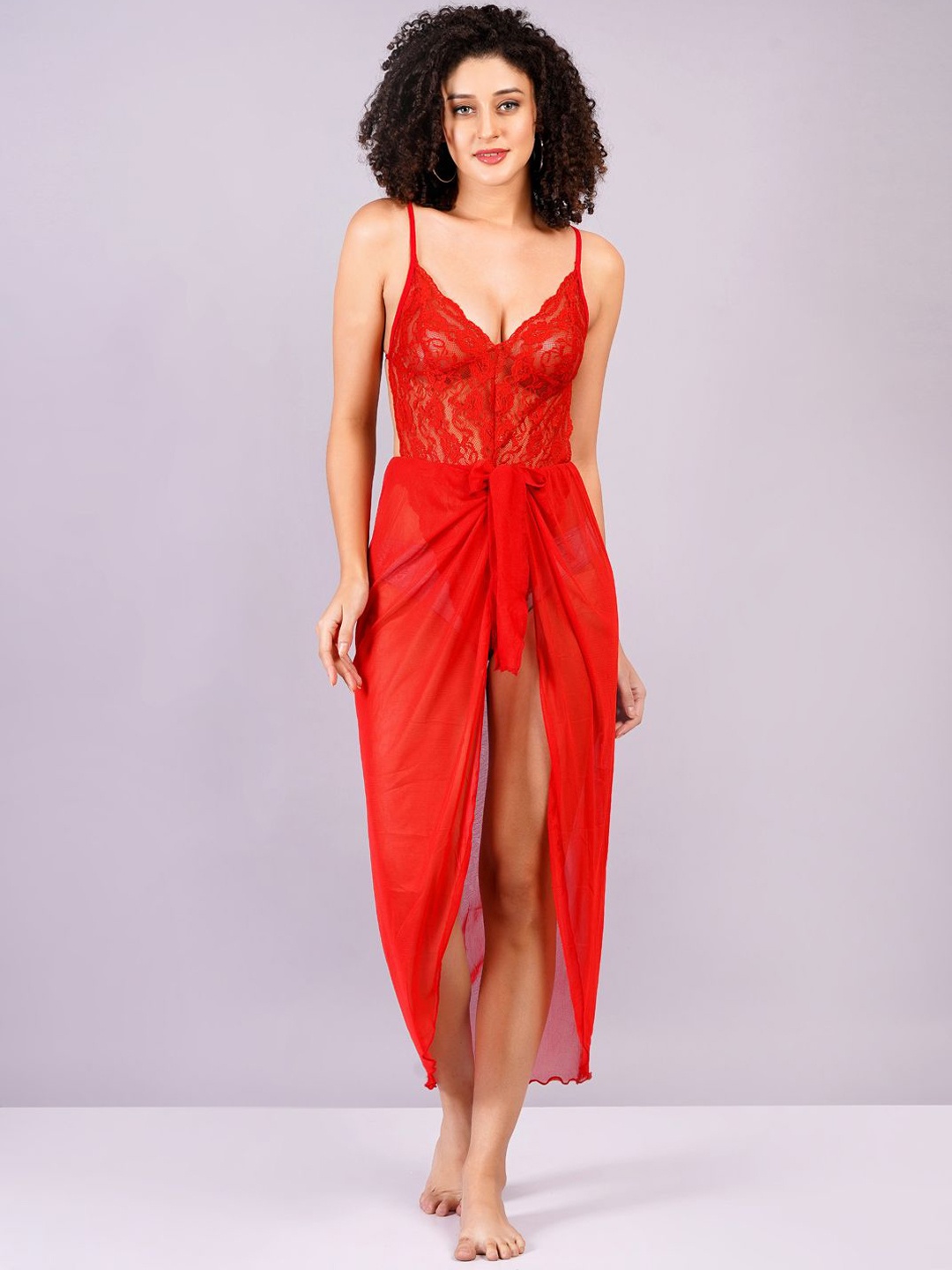 

Broiden Self Design Net Baby Doll with Asymmetric, Red