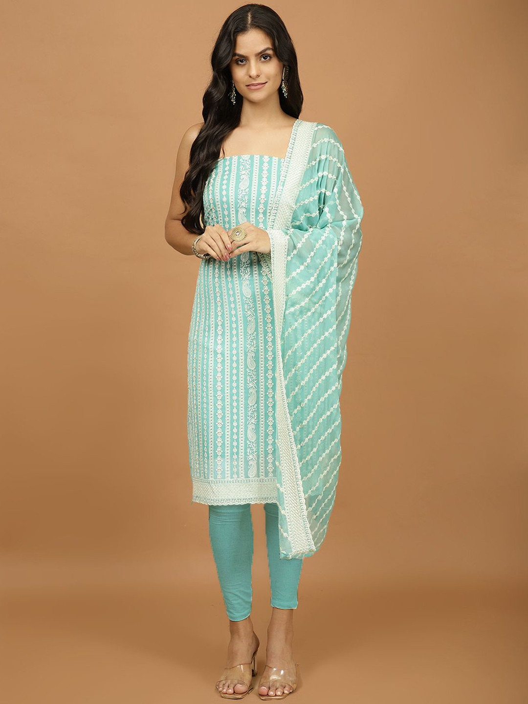 

Meena Bazaar Embroidered Unstitched Dress Material, Sea green