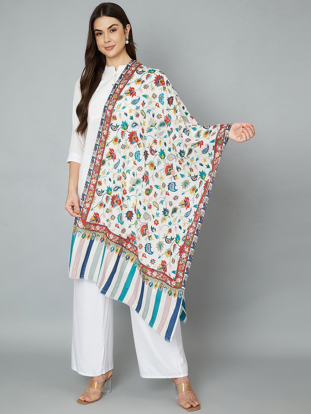 

MUFFLY Womens Pure Wool Kalamkari Print and Aari Embroidery Stole with Kani pattern, White