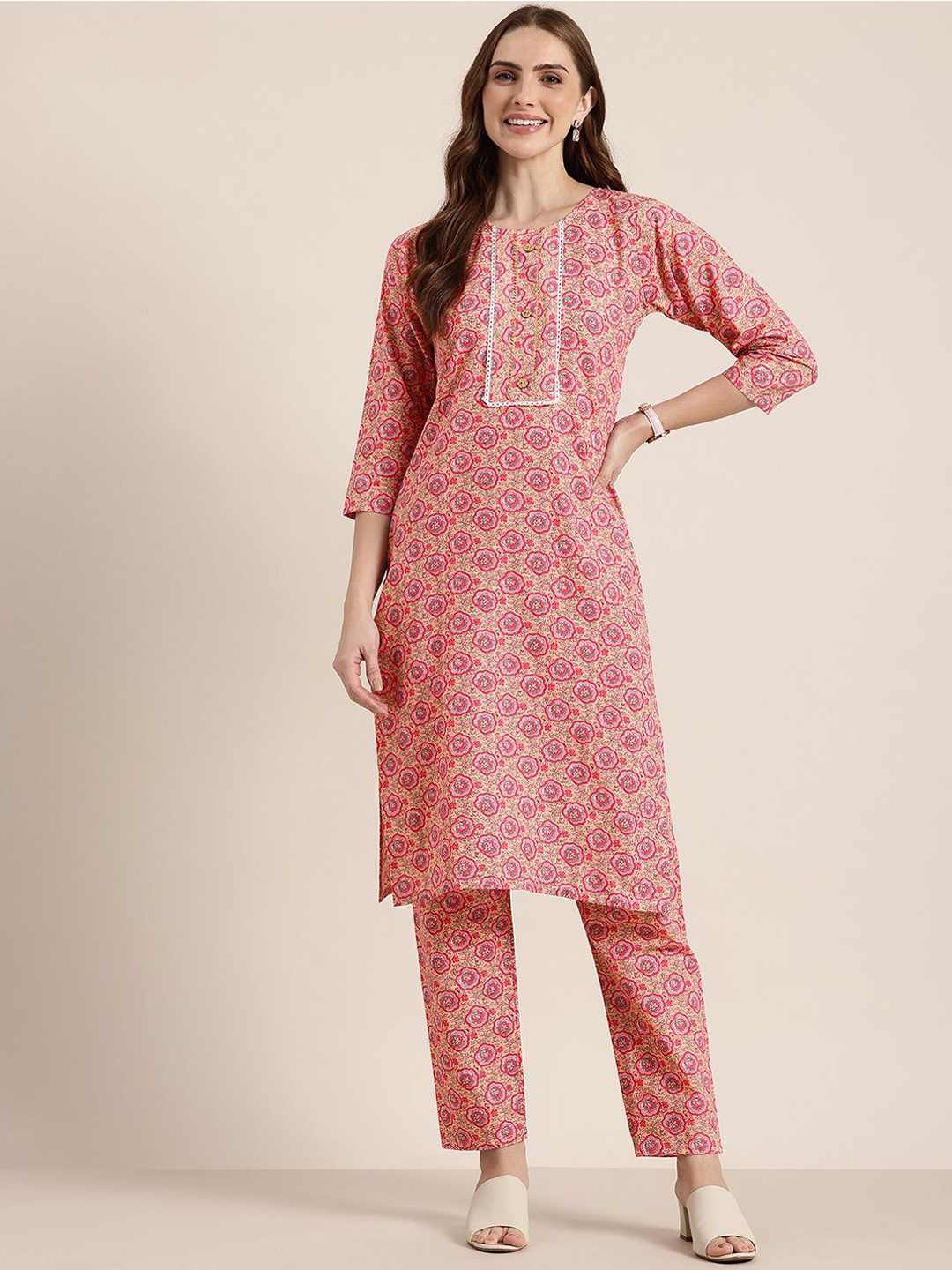 

HERE&NOW Floral Printed Gotta Patti Pure Cotton A-Line Kurta With Trousers, Pink