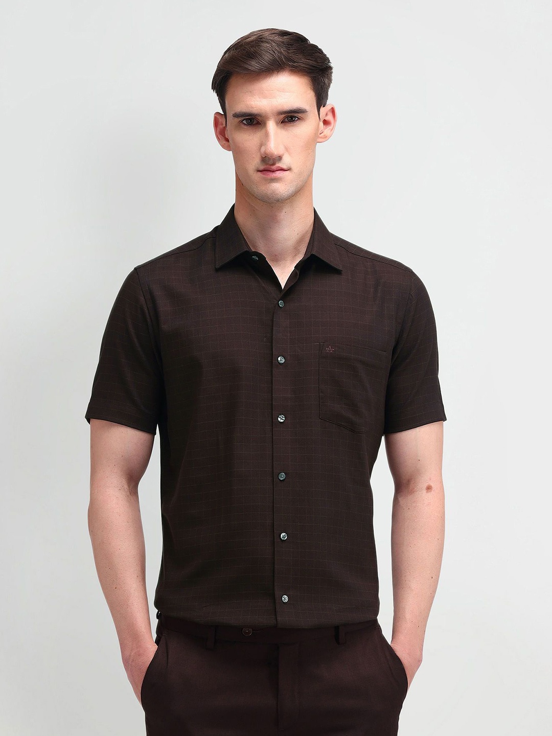

Arrow Men Classic Spread Collar Windowpane Checked Cotton Formal Shirt, Burgundy