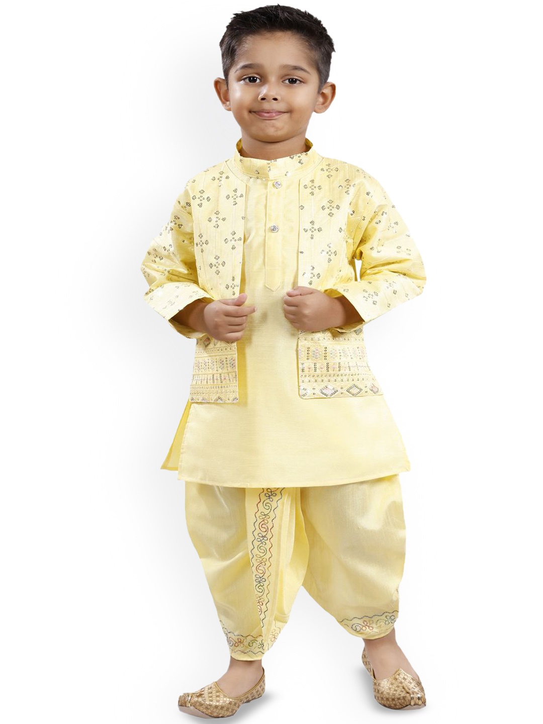 

BAESD Boys Mandarin Collar Straight Kurta with Dhoti Pant & Waistcoat, Yellow
