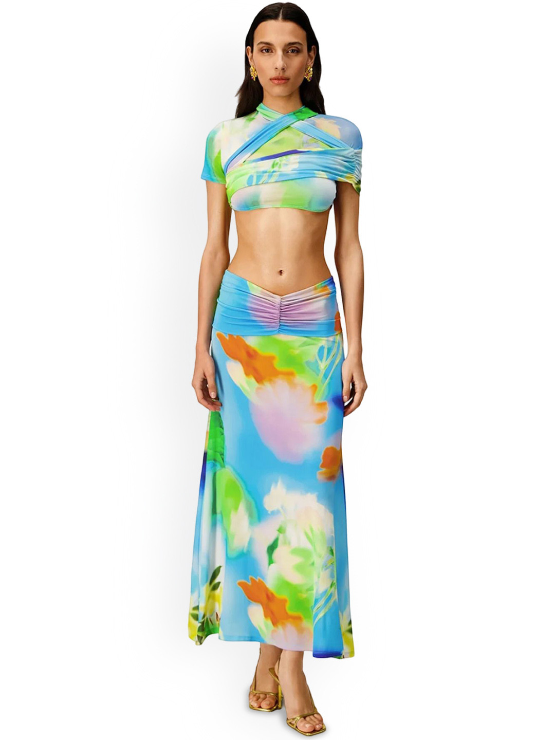 

LULU & SKY Abstract Printed Gathered Crop Top with Maxi Skirt, Blue