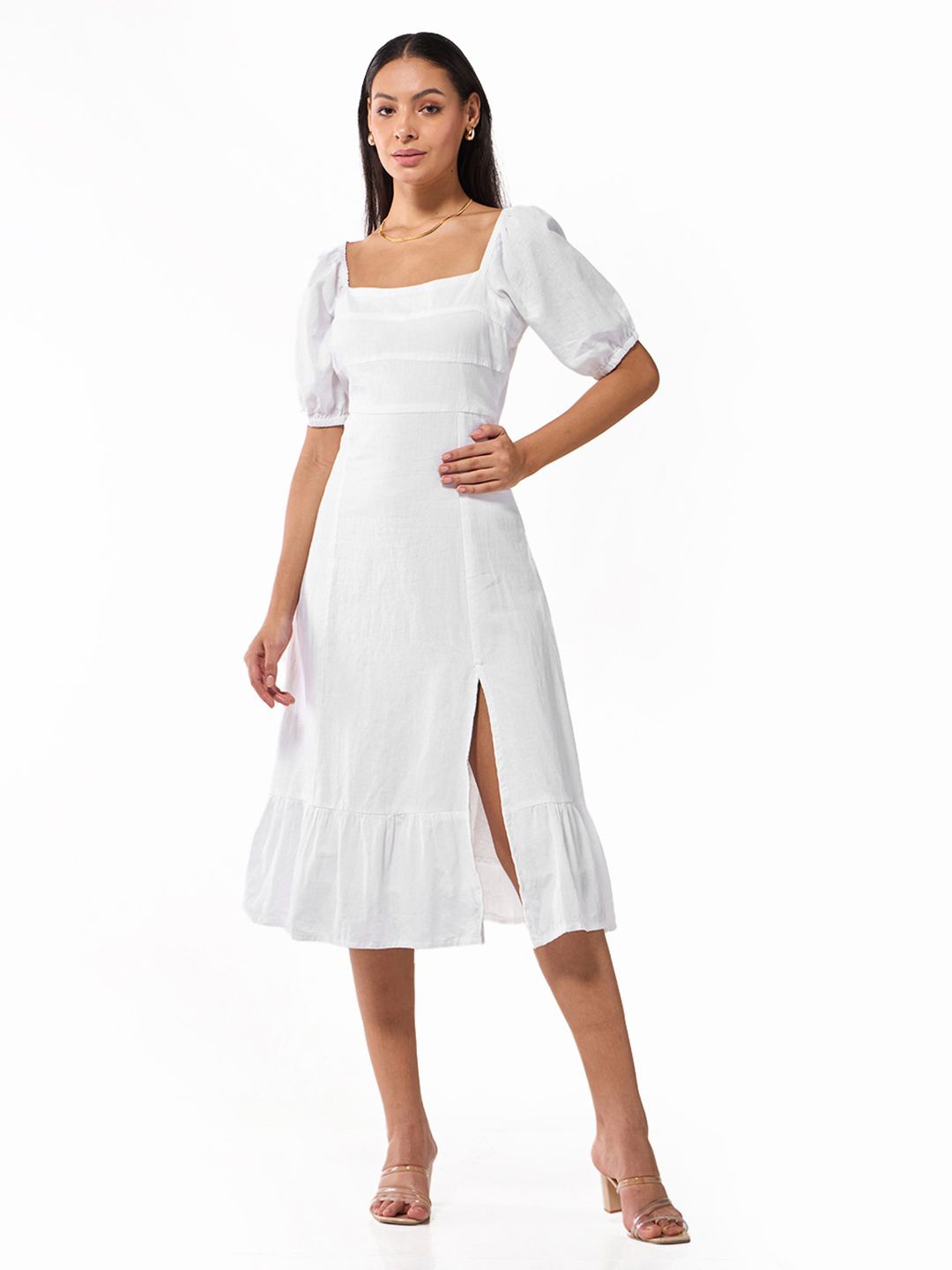 

Bewakoof Women Solid Square Neck A-Line Midi Dress, White