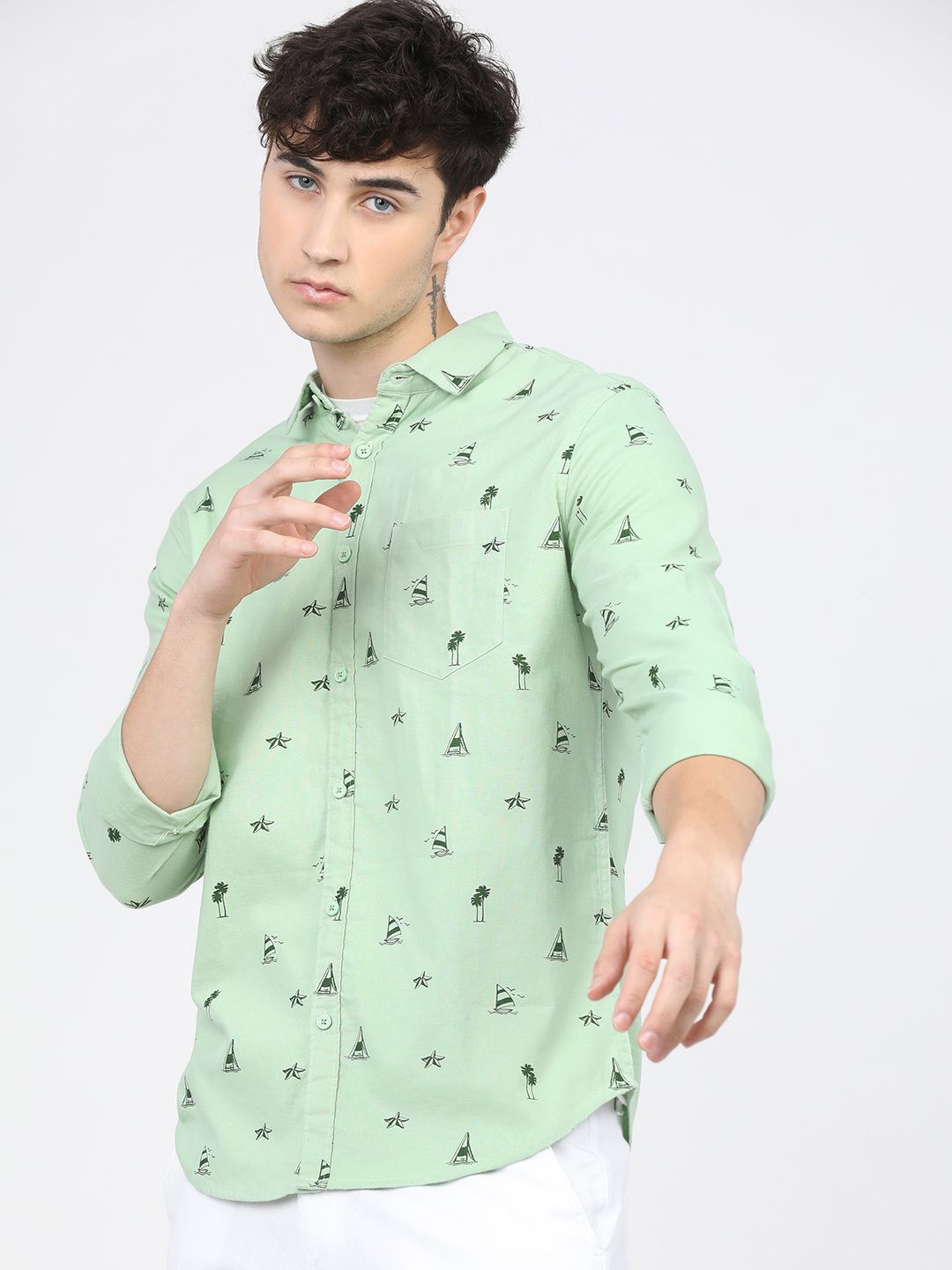 

Ketch Mens Printed Casual Slim Fit Shirt, Green