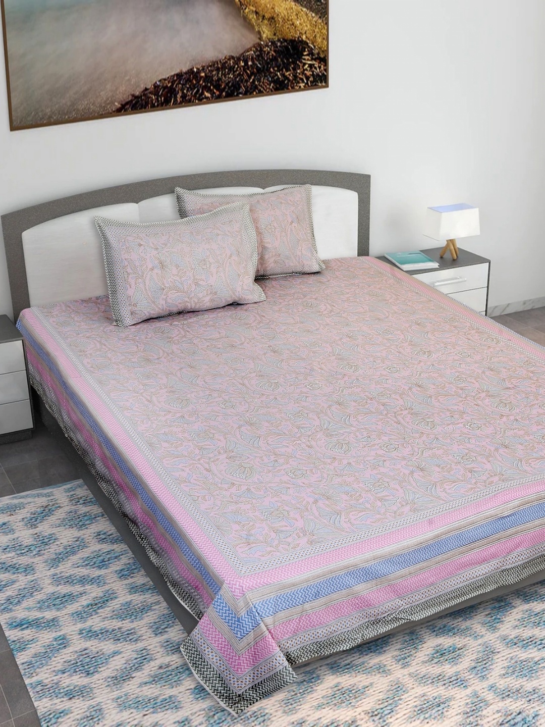 

Texstylers Pink & Blue Kantha 210 TC Cotton King Bedsheet With 2 Pillow Covers