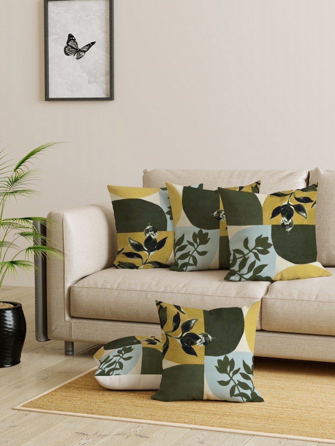 

EverHOME Green & Yellow 5 Pieces Floral Printed Jute Cotton Square Cushion Covers