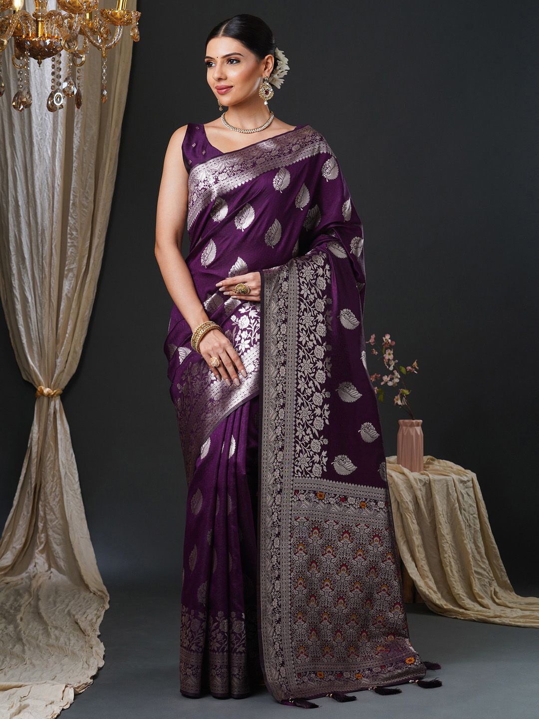 

Anouk Ethnic Motifs Zari Silk Blend Banarasi Saree, Purple