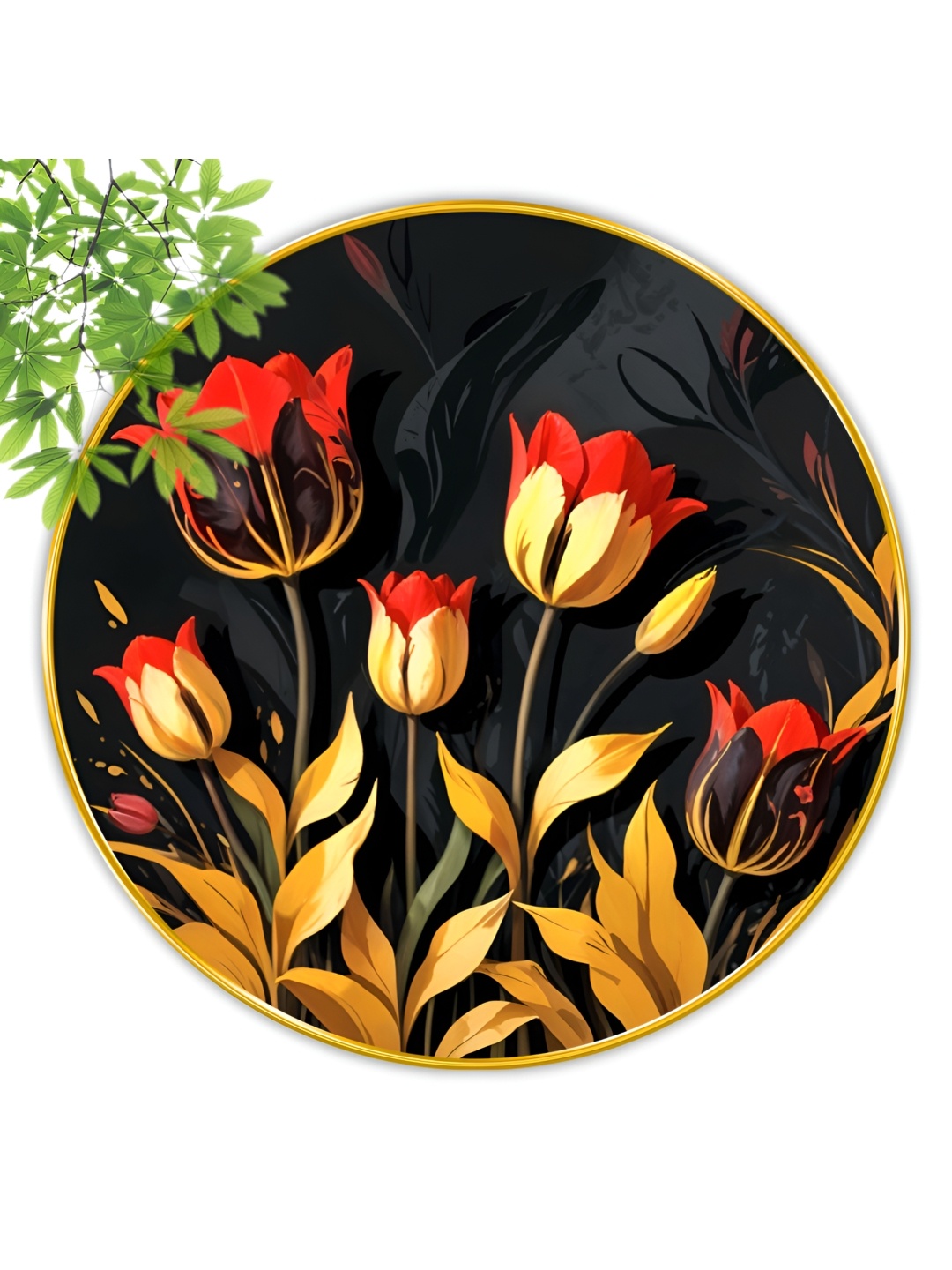 

Aura Black & Gold-Toned Wooden Floral and Botanical Round Wall Paintings