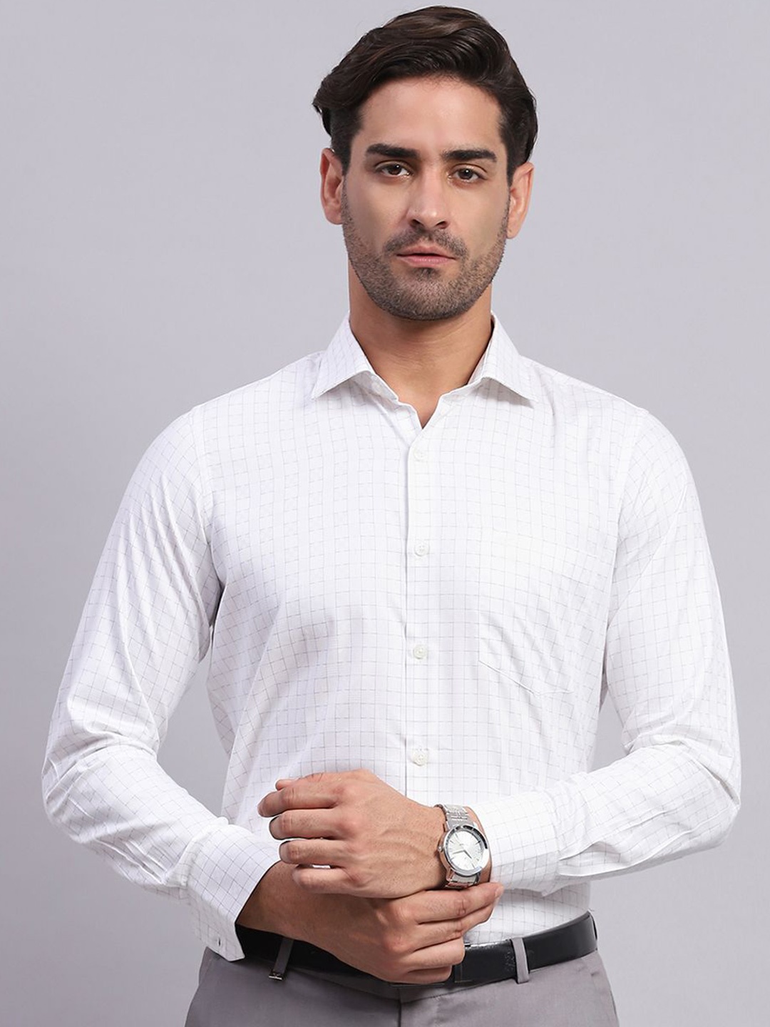

Monte Carlo Men Spread Collar Grid Tattersall Checked Cotton Casual Shirt, White