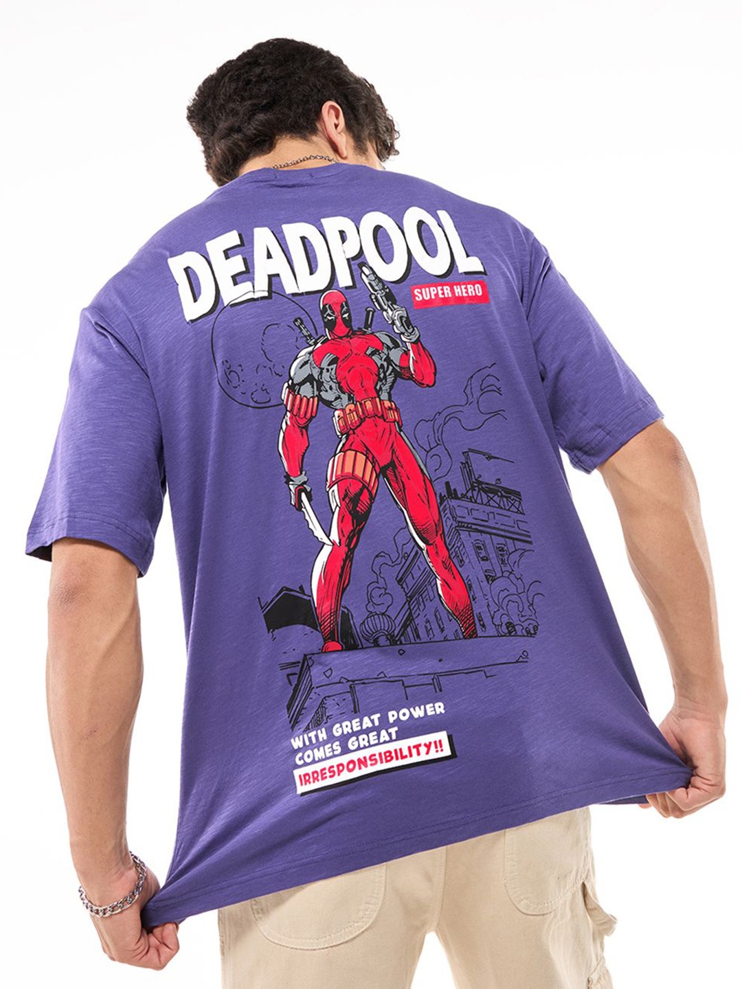 

Bewakoof Air 1.0 Men Skipper Blue Deadpool Graphic Printed Oversized T-shirt