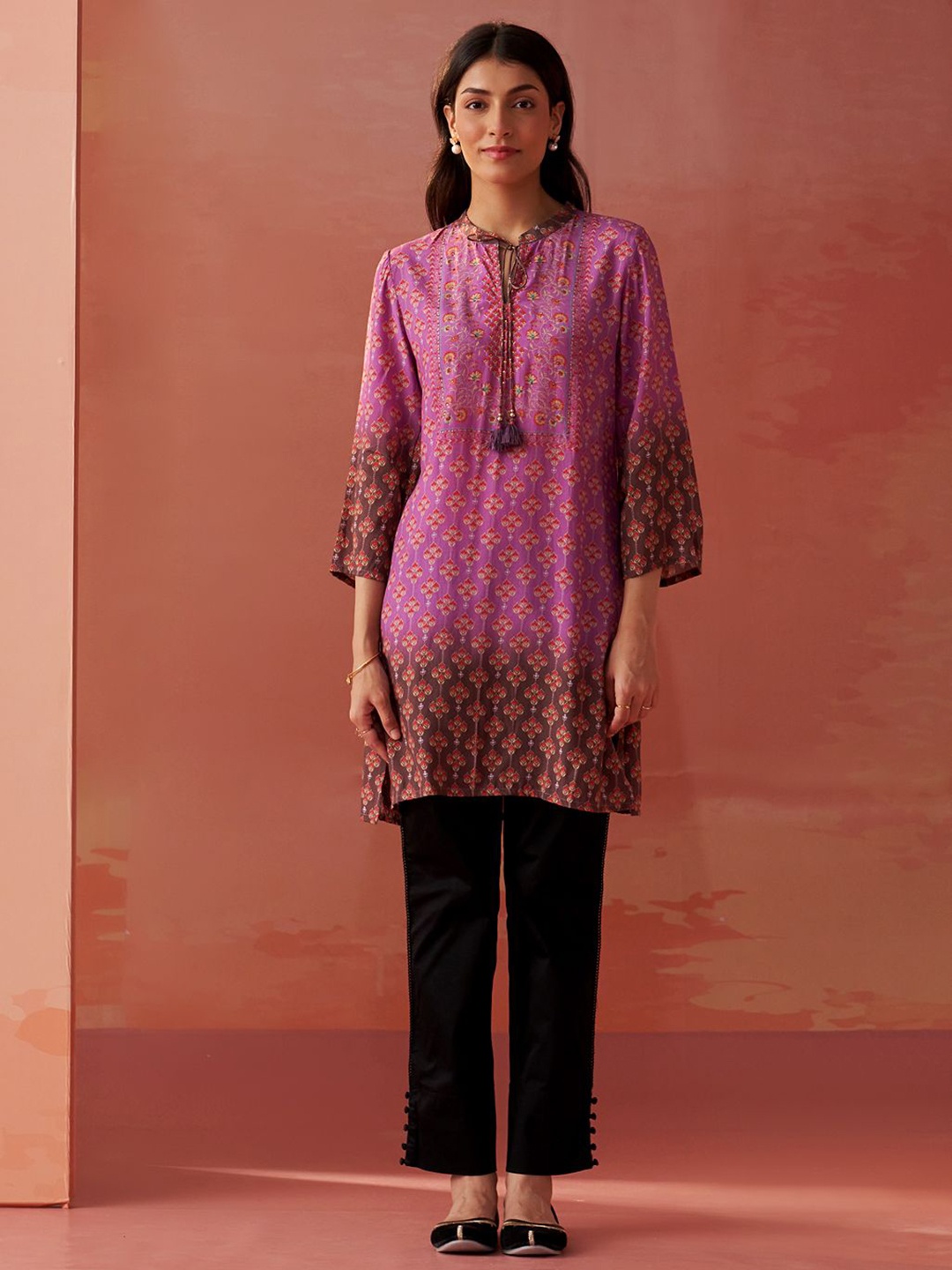 

Lakshita Women Floral Printed Tie-Up Neck Top, Lavender