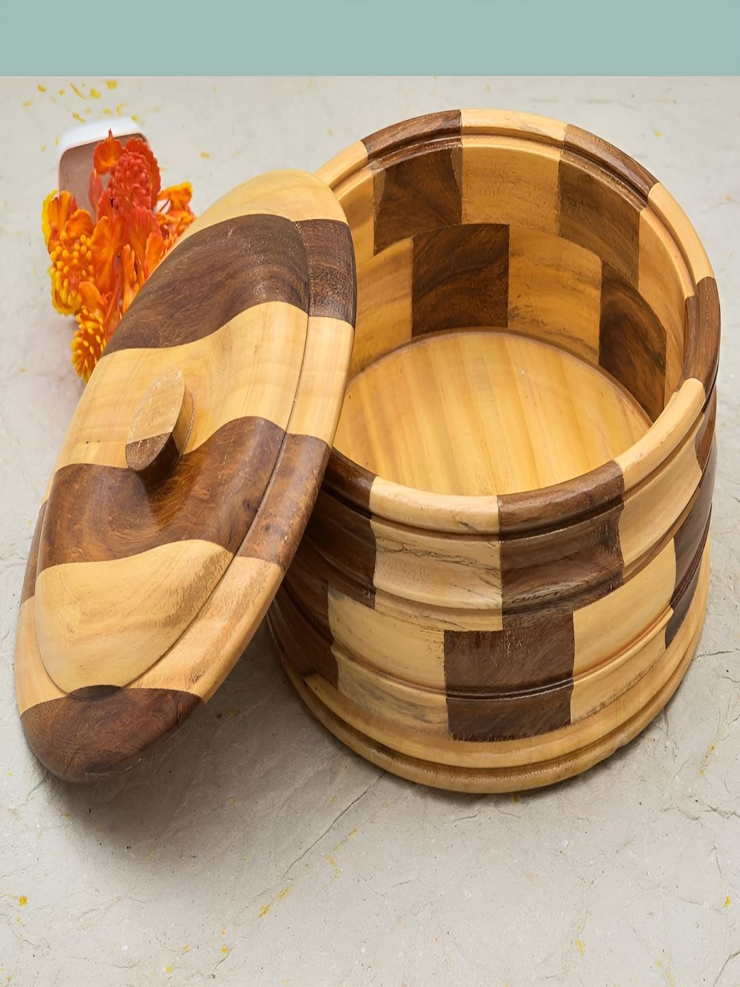 

oggn Beige & Brown Striped Wooden Multipurpose Bowl