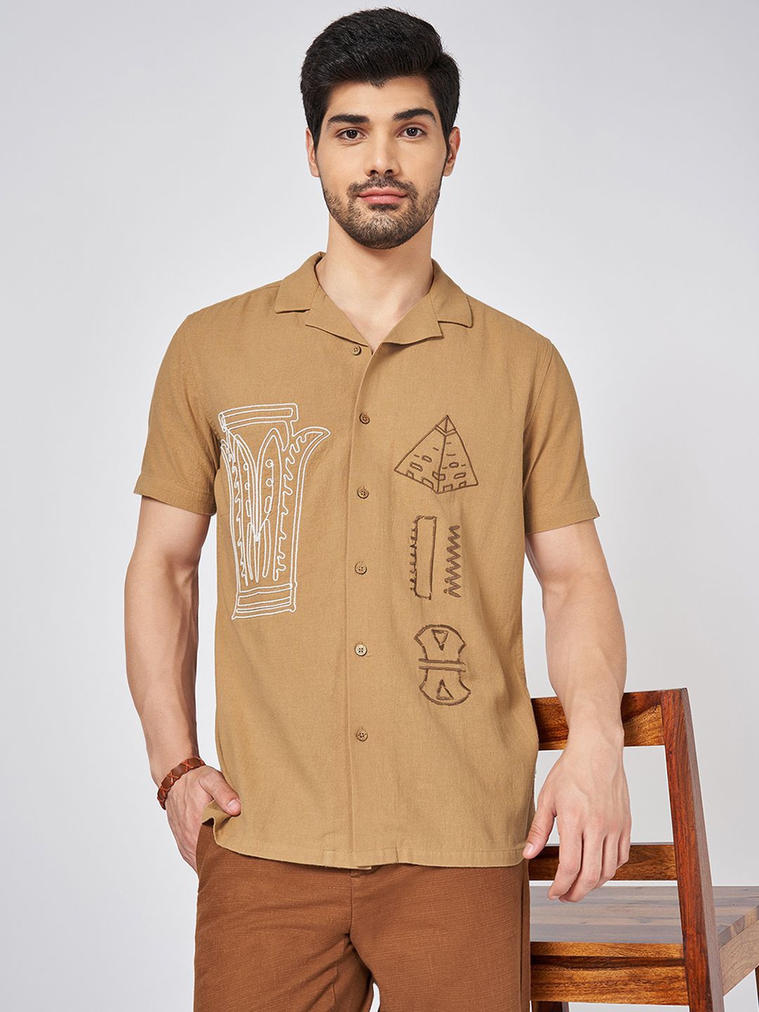 

7 Alt by Pantaloons Men Cuban Collar Graphic Printed Cotton Relaxed Fit Casual Shirt, Tan
