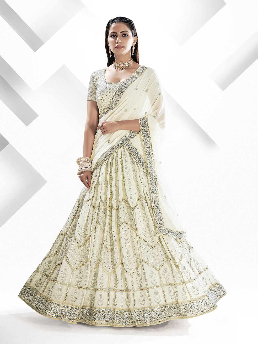 

Shee Star Embroidered Sequinned Semi-Stitched Lehenga & Unstitched Blouse With Dupatta, White
