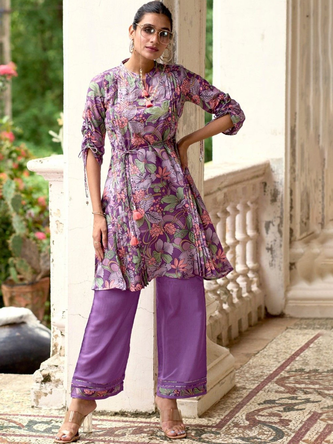 

AUTUMN LANE Floral Printed Cotton Silk Anarkali Kurti With Trouser, Purple