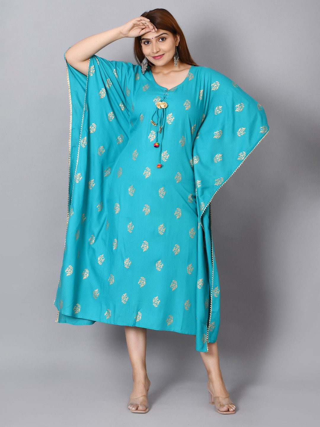 

Cloth Bites Printed Kaftan Ethnic Dress, Turquoise blue