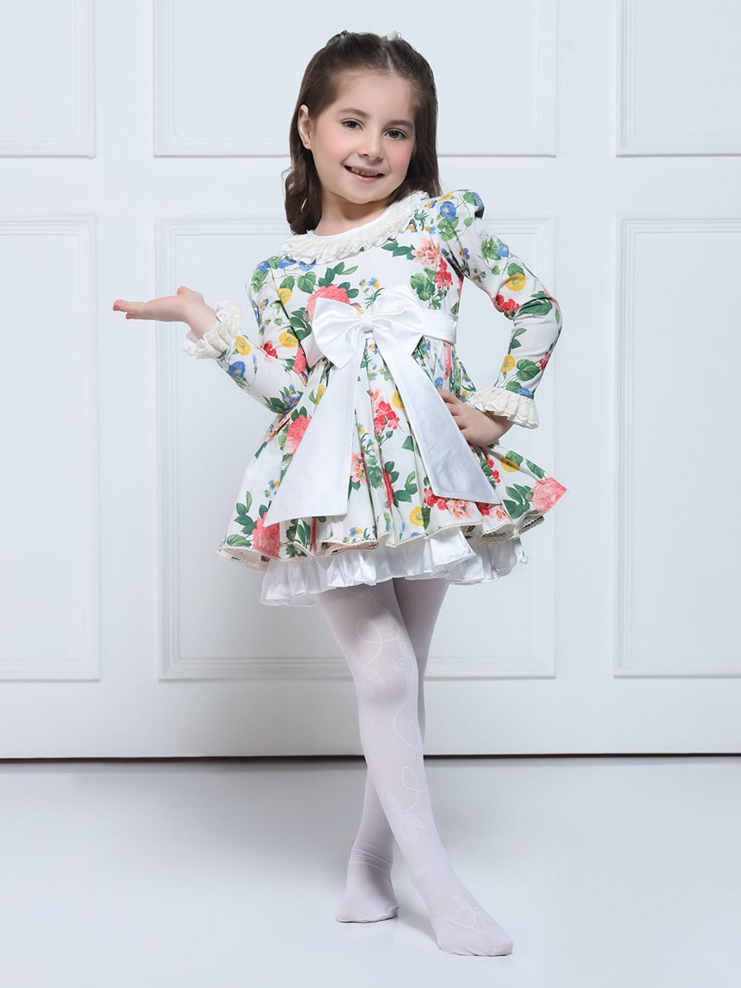 

THE PONY & PEONY CO. Floral Print Bell Sleeve A-Line Dress, White