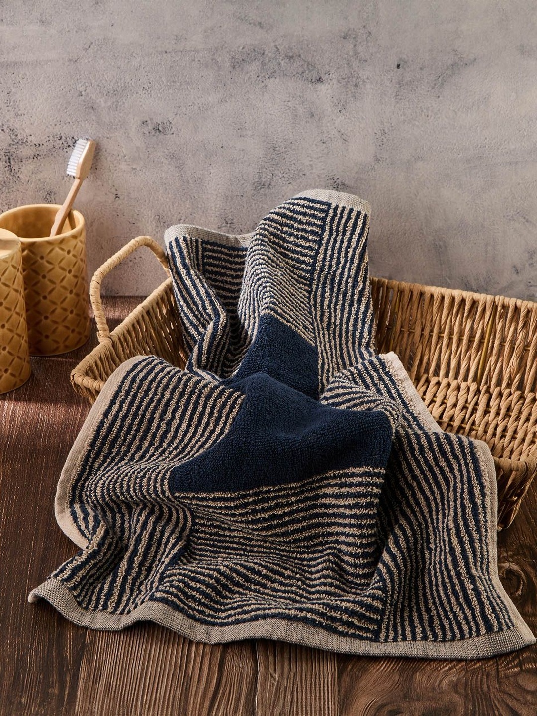 

Fabindia Navy Blue & White Striped Cotton 570 GSM Bath Towel