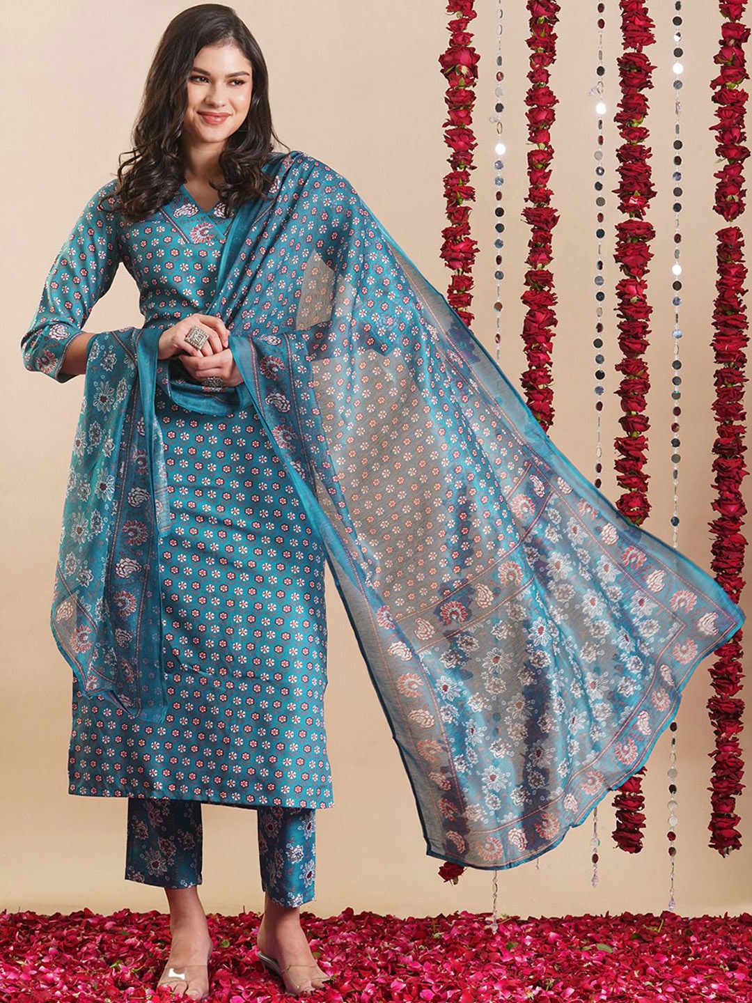 

KALINI Floral Printed V-Neck Straight Kurta with Trousers & Dupatta, Blue