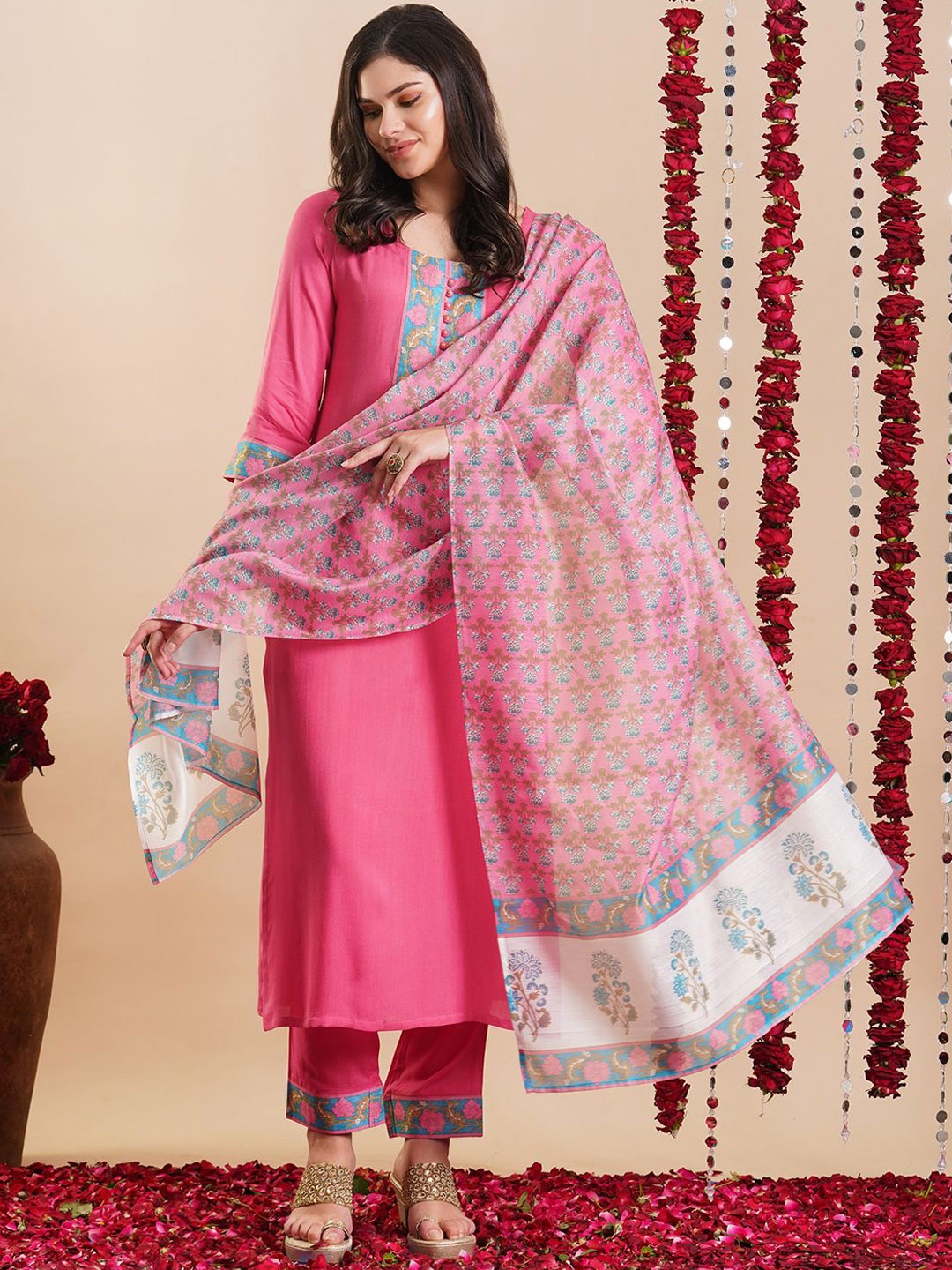 

KALINI Ethnic Motifs Yoke Design Straight Kurta with Trousers & Dupatta, Pink