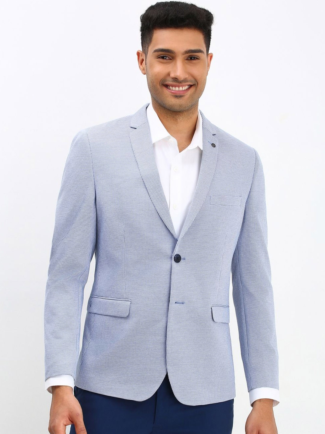 

Allen Solly Checked Slim-Fit Single-Breasted Pure Cotton Formal Blazer, Blue