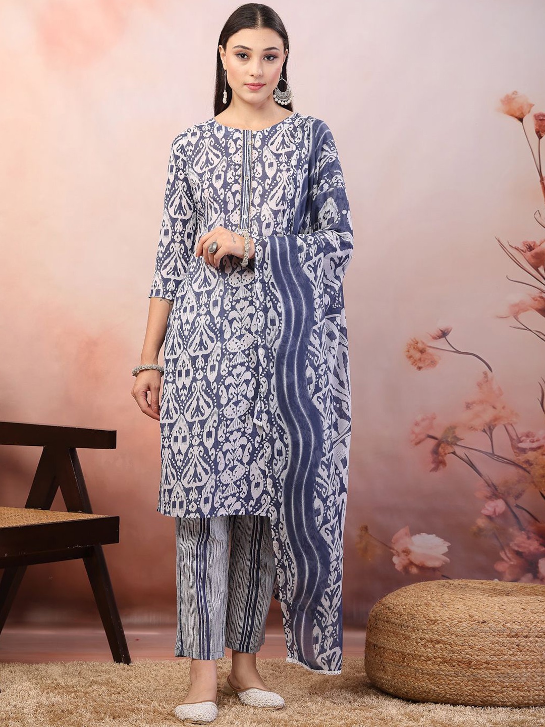 

Stylum Blue & White Ethnic Motifs Printed Cotton Straight Kurta & Trousers With Dupatta