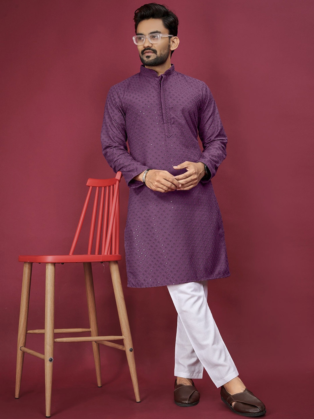 

Anaita Geometric Embroidered Mandarin Collar Sequins Straight Kurta, Lavender