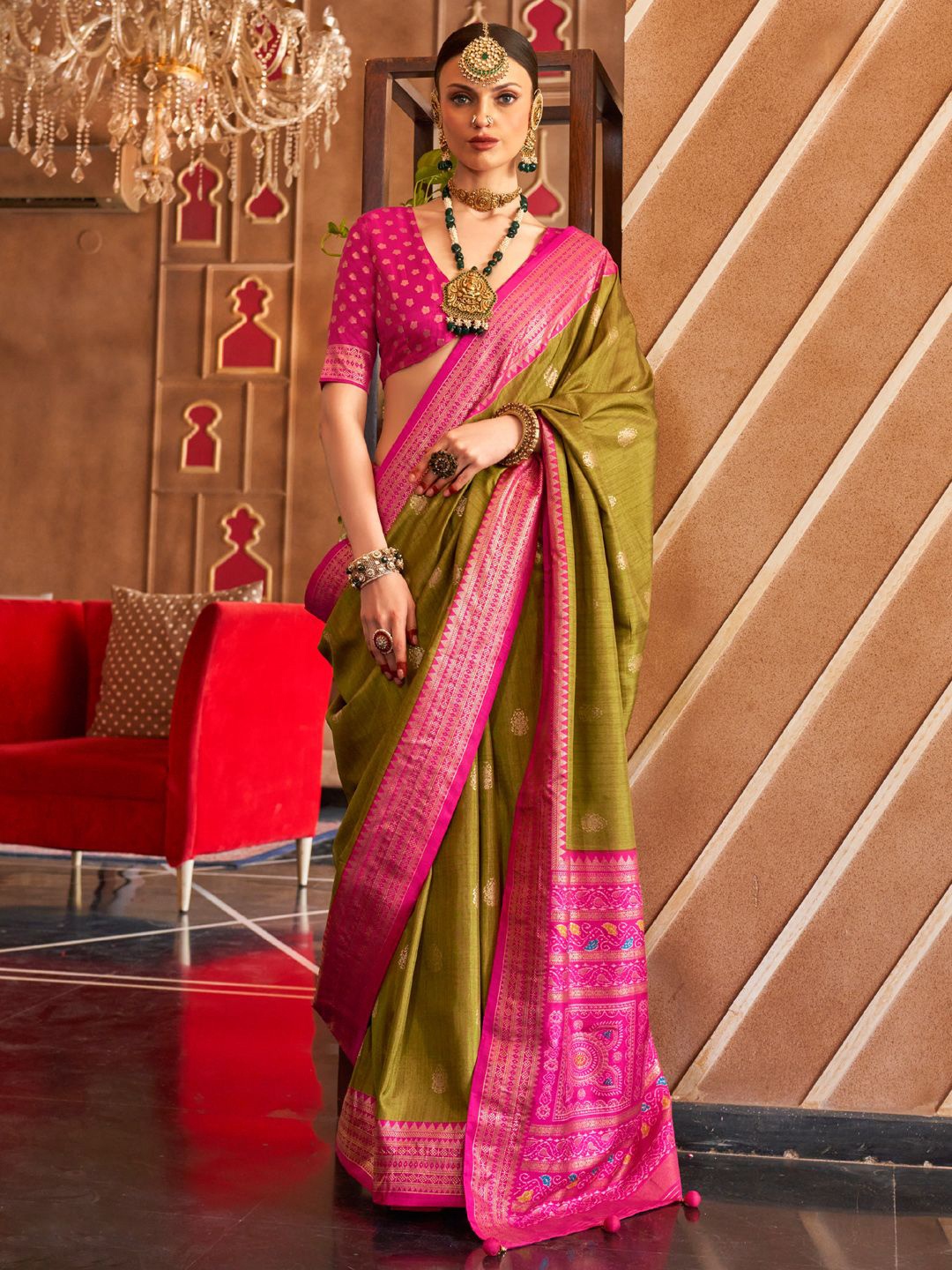 

Mitera Woven Design Zari Silk Blend Patola Saree, Green