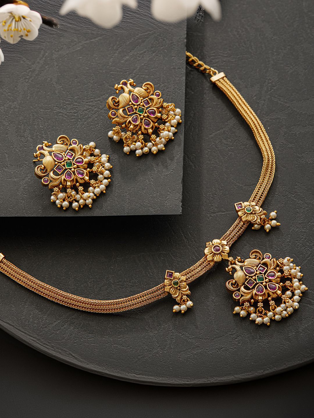 

Jazz and Sizzle 22K Gold-Plated Stone Studded & Beaded Temple Jewellery Set