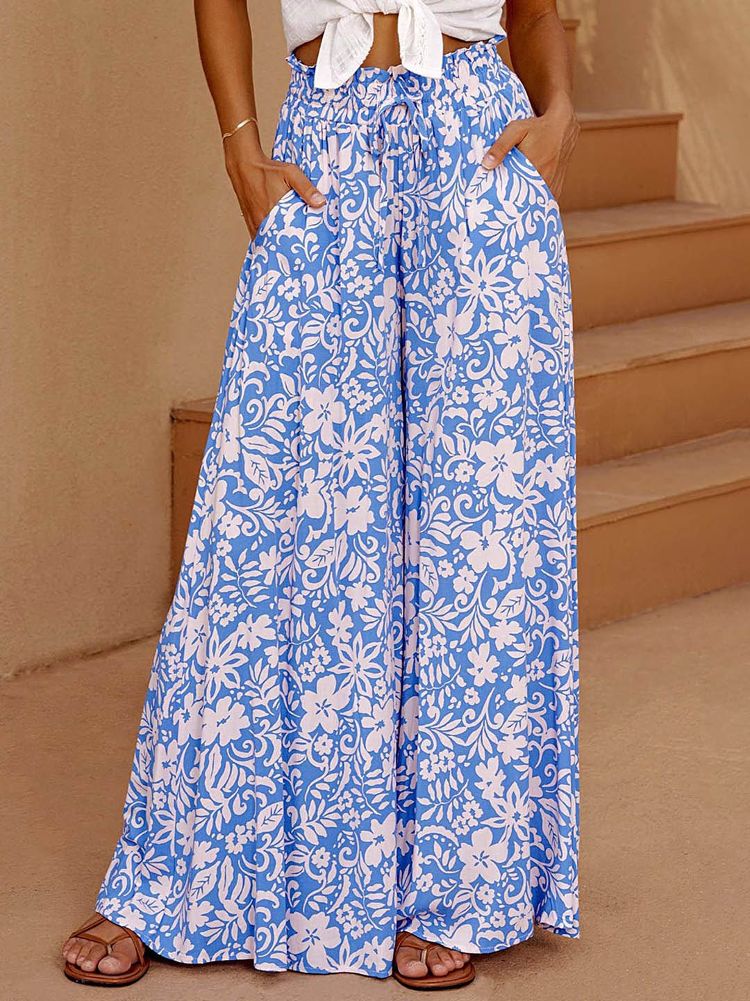

LULU & SKY Women Floral Printed Loose Fit High-Rise Trousers, Blue