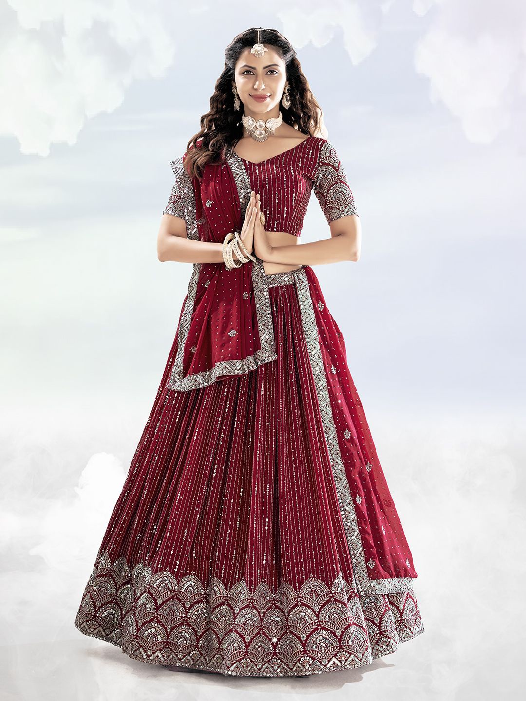 

Shee Star Embroidered Sequinned Semi-Stitched Lehenga & Unstitched Blouse With Dupatta, Red