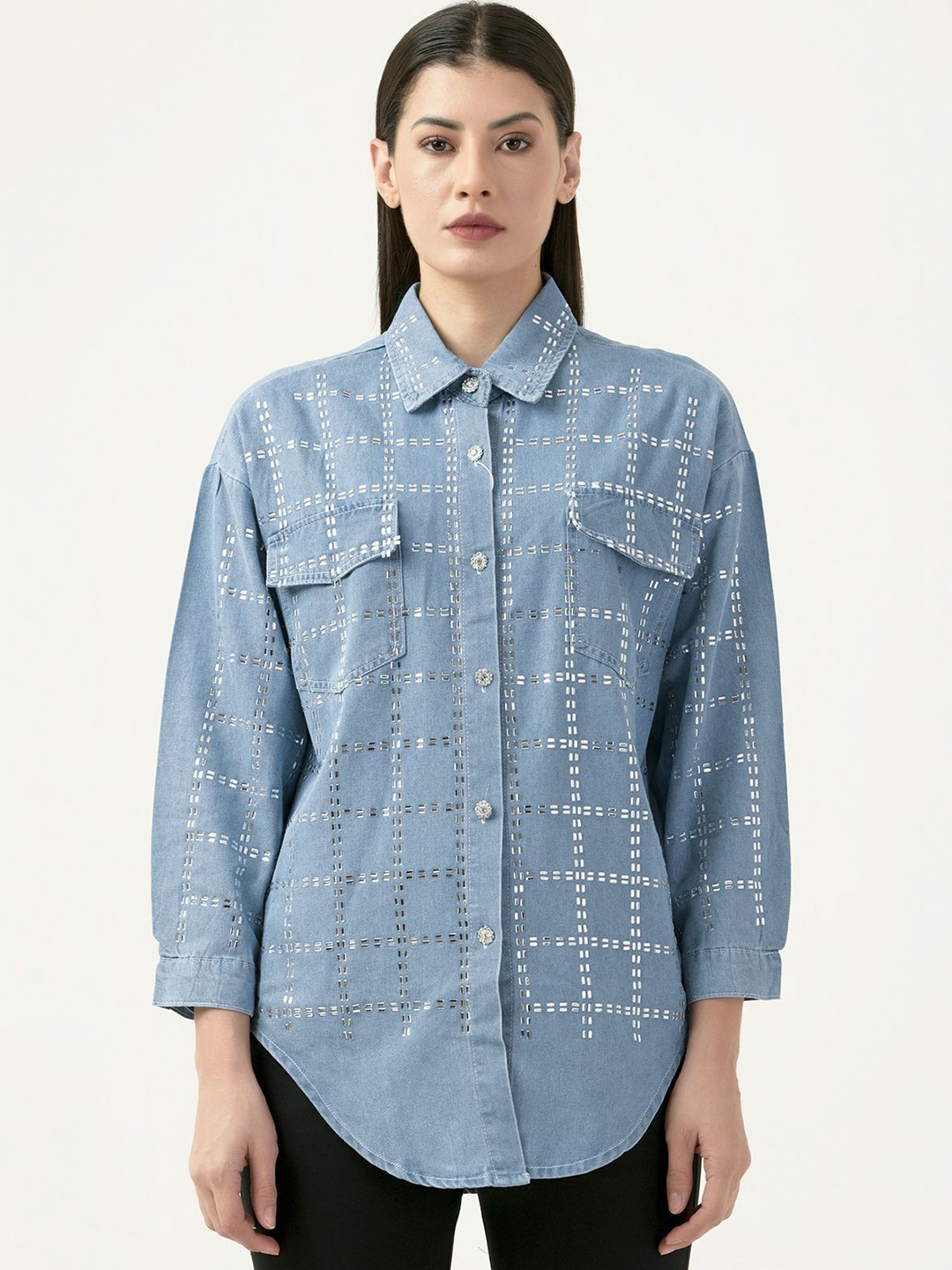 

Albion By CnM Women Spread Collar Solid Polycotton Casual Shirt, Blue