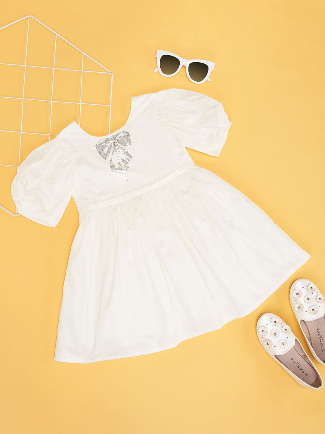

Pantaloons Junior Girls Cotton Puff Sleeves Fit & Flare Dress, Off white