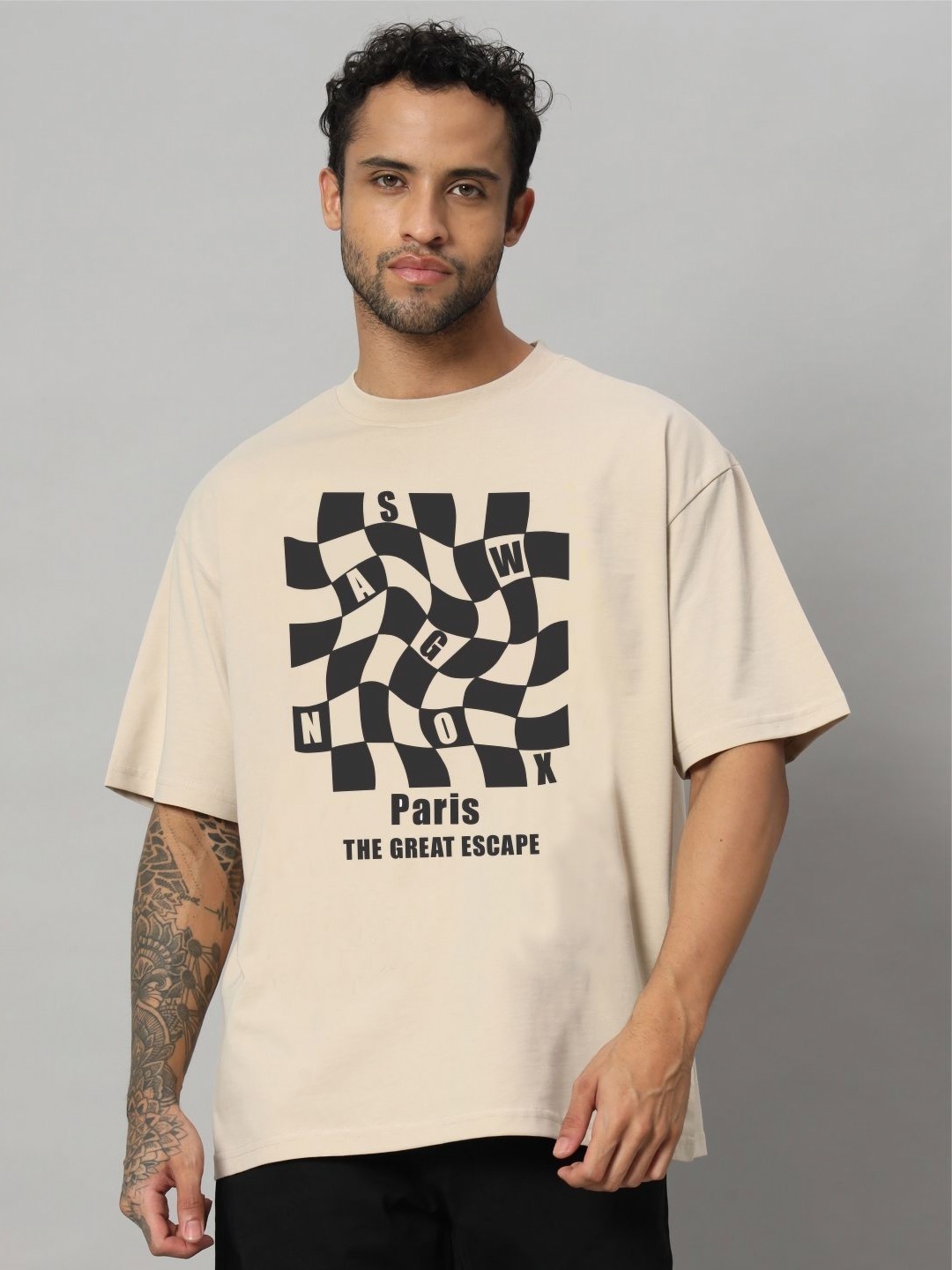 

SWAGNOX Men Typography Printed Round Neck Cotton Oversized T-shirt, Beige