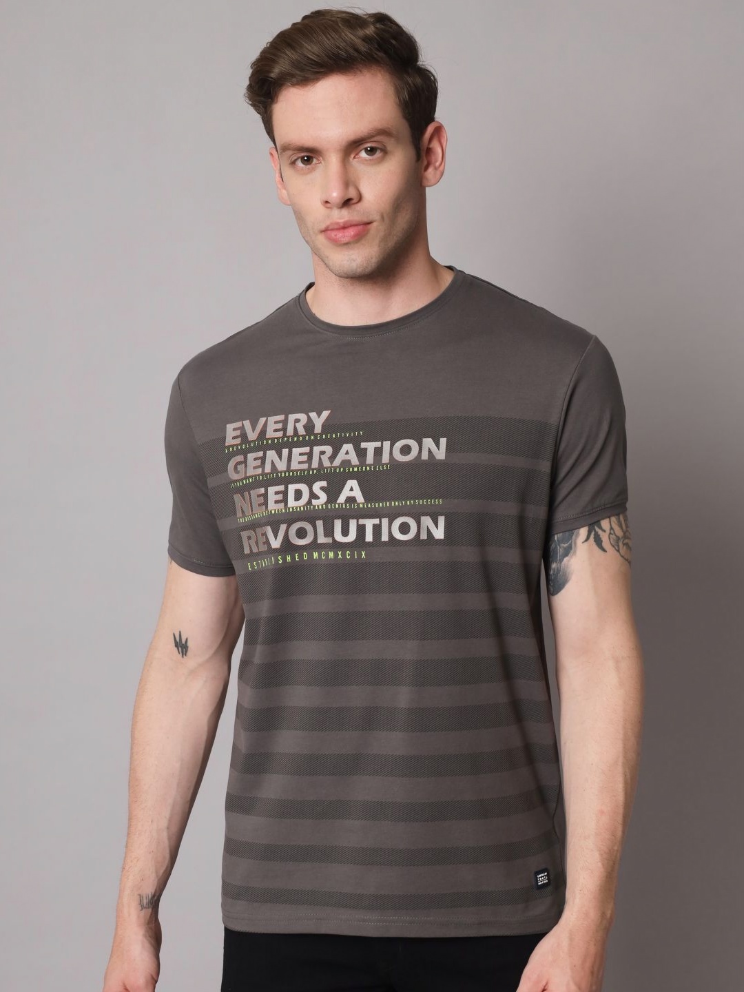 

URBAN TRAIL Men Typography Printed Round Neck Cotton T-shirt, Charcoal