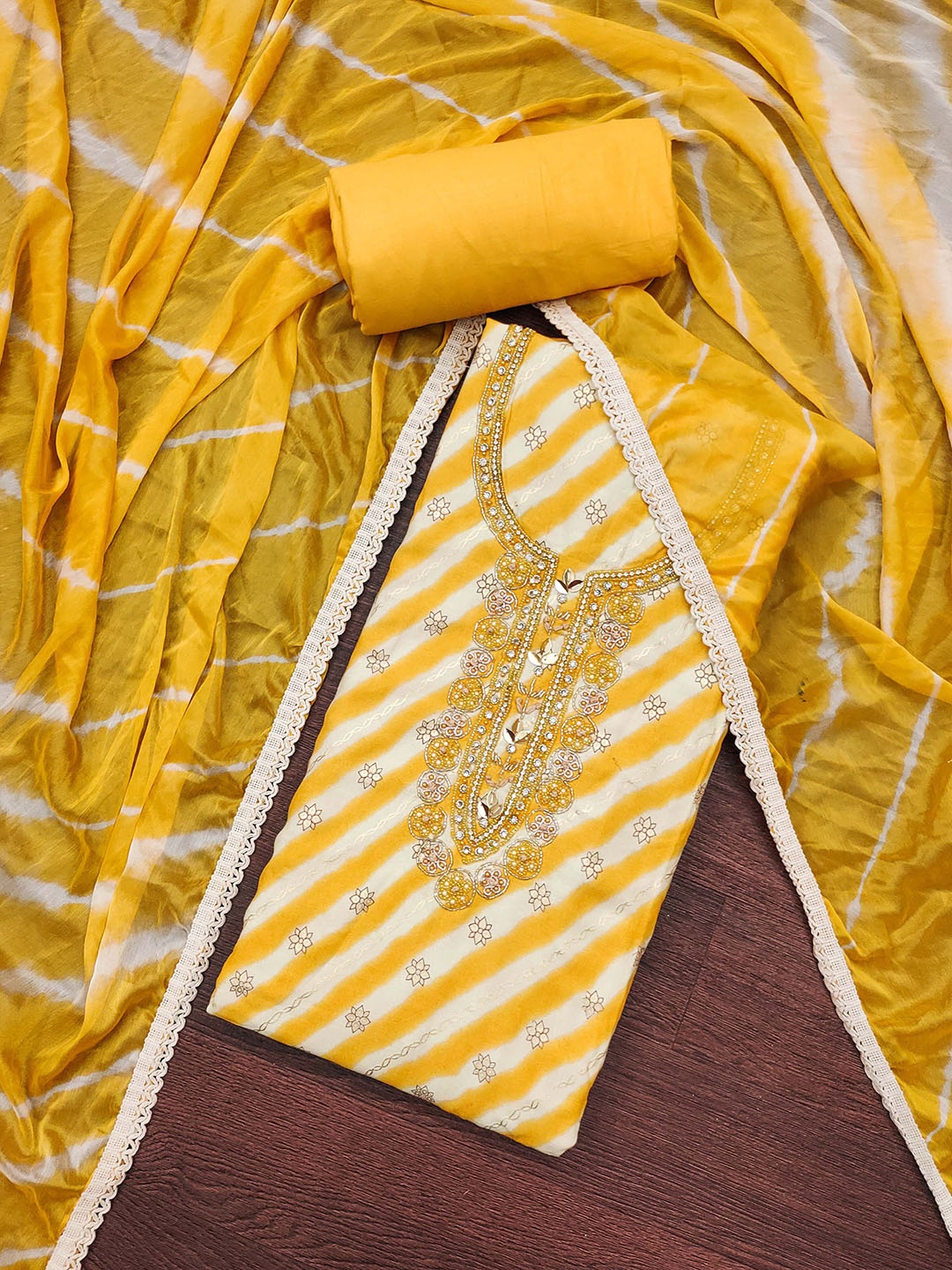 

Ishin Ethnic Motifs Embroidered Beads and Stones Unstitched Dress Material, Yellow