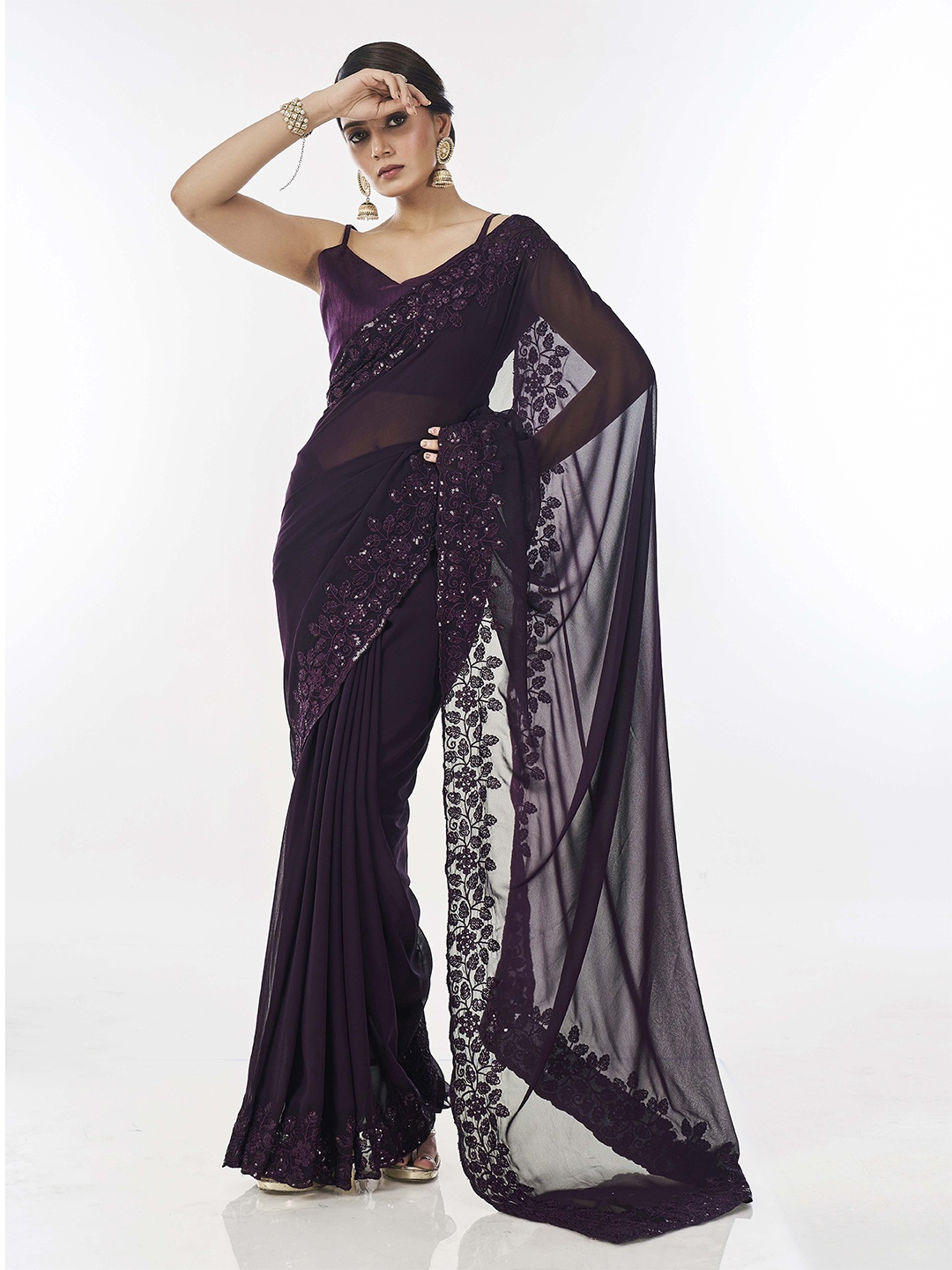 

Ethnielle Floral Sequinned Pure Georgette Saree, Purple