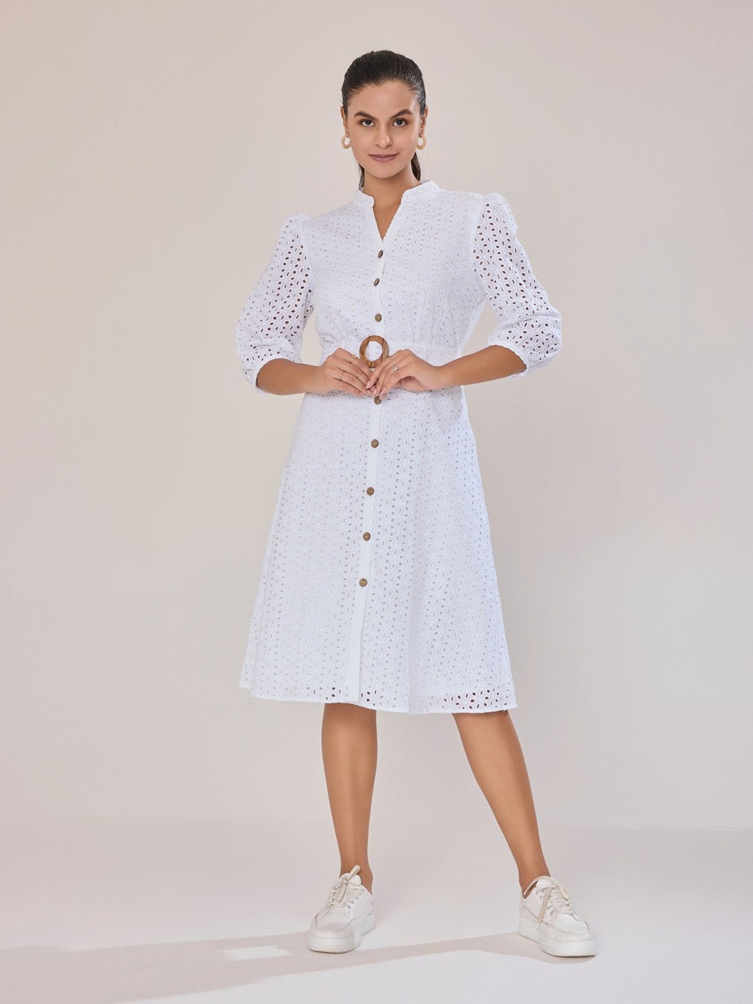 

Urban Sundari Solid Fit & Flare Schiffli Dress with Belt Embellishment, White