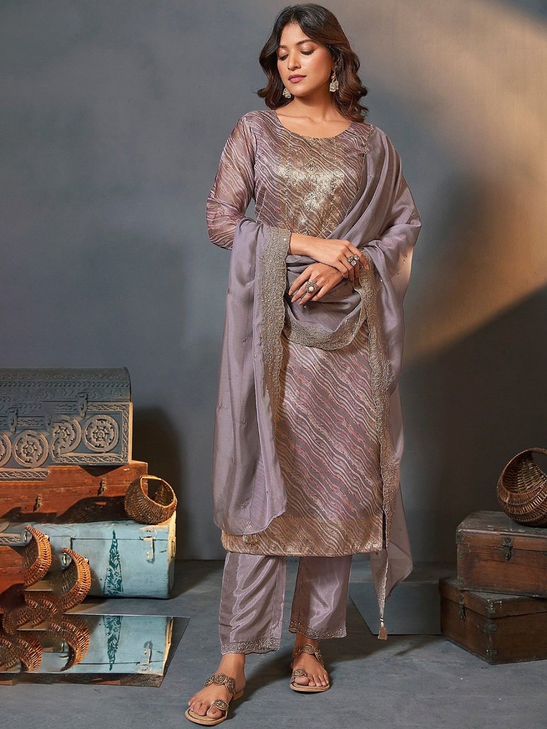 

AUTUMN LANE Ethnic Motifs Printed Zari Straight Kurta With Trousers & Dupatta, Purple