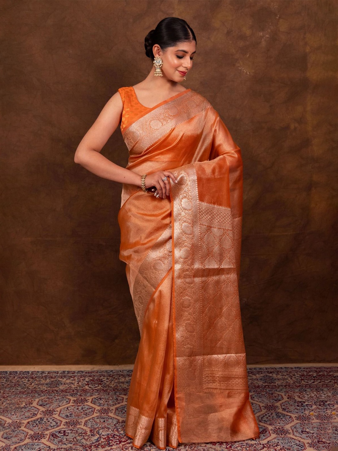 

KALINI Zari Tissue Banarasi Saree, Orange