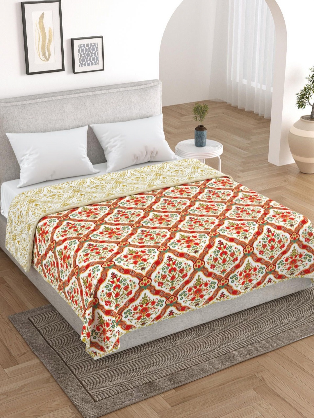 

Salona Bichona Orange & White Floral AC Room 150 GSM Cotton Flannel Double Bed Dohar