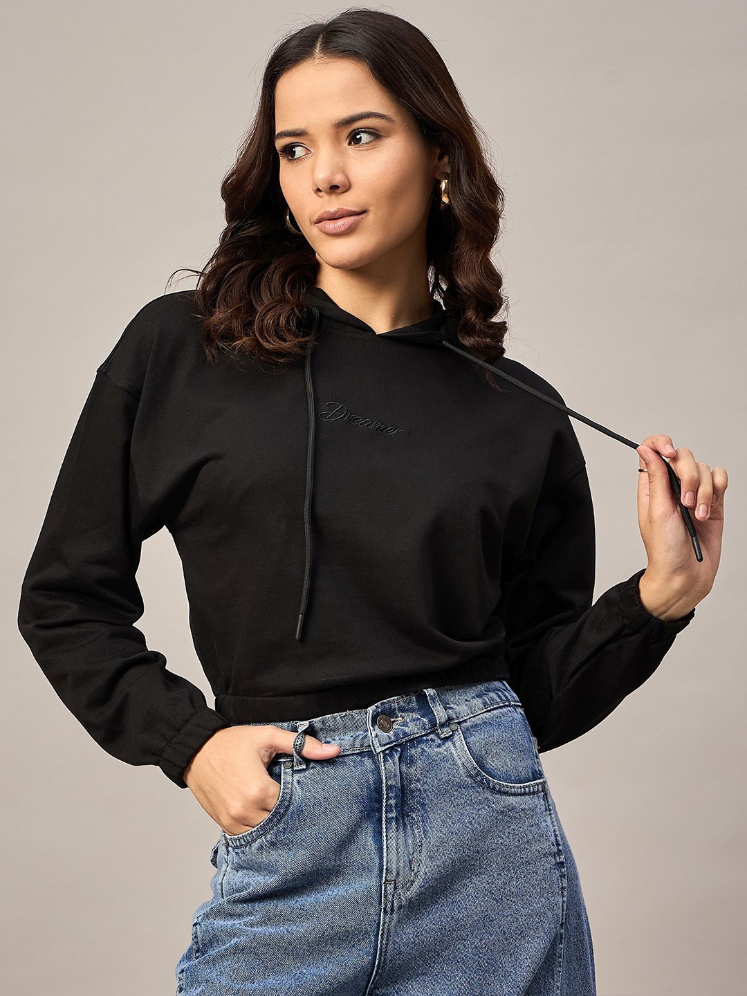 

The Roadster Lifestyle Co. Women Solid Hooded Crop Sweatshirt, Black