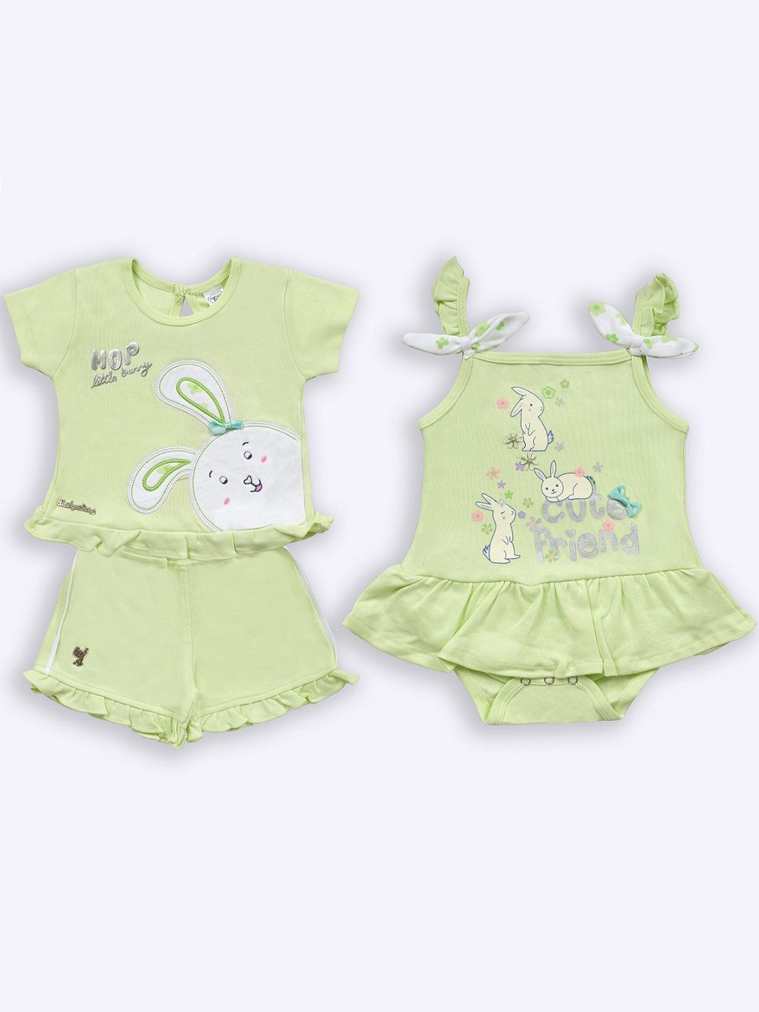 

Babys Day Infants Girls Printed Pure Cotton Top With Shorts & Rompers, Green