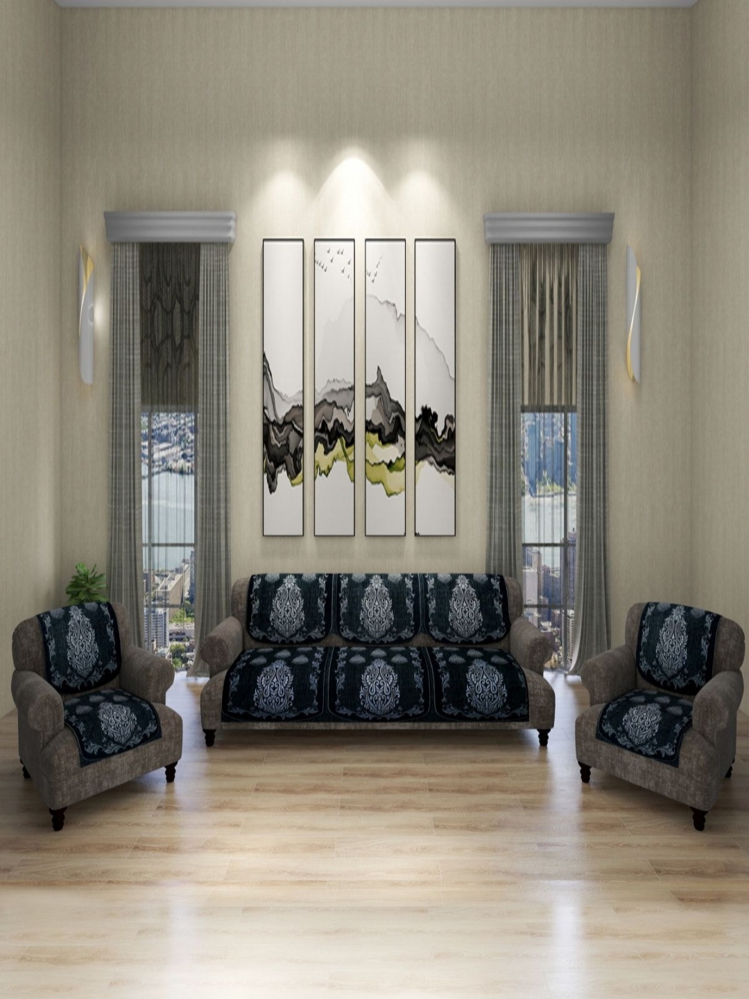 

ROMEE Grey & Silver-Toned 6 Pieces Ethnic Motifs Woven Design 5 Seater Sofa Cover