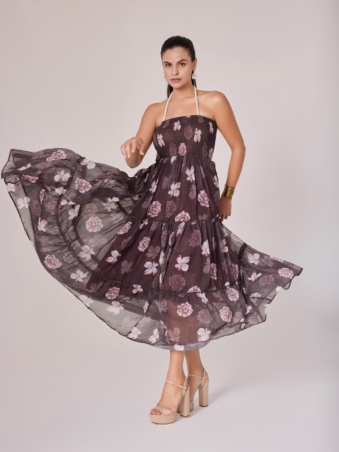 

Urban Sundari Women Floral Printed Halter Neck Fit & Flare Maxi Dress, Brown